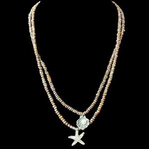Sterling Silver Brown Keishi Pearl CZ Starfish Seashell Double Strand Necklace